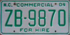2004北Carolina commercial for hire plate